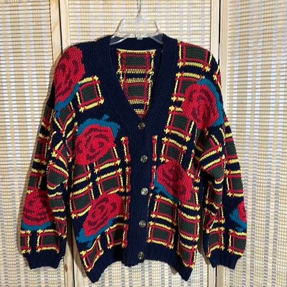 Vintage 1990s Black Chunky Knit Cardigan Square Large Floral Print Roses No Tags - Picture 1 of 16